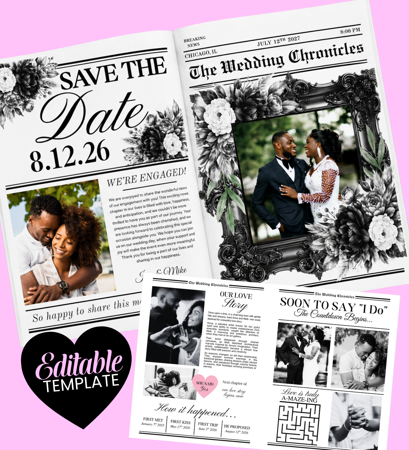 Wedding Newspaper Template | Editable Canva Wedding Newspaper | 17x11 Folded Keepsake | Digital Download